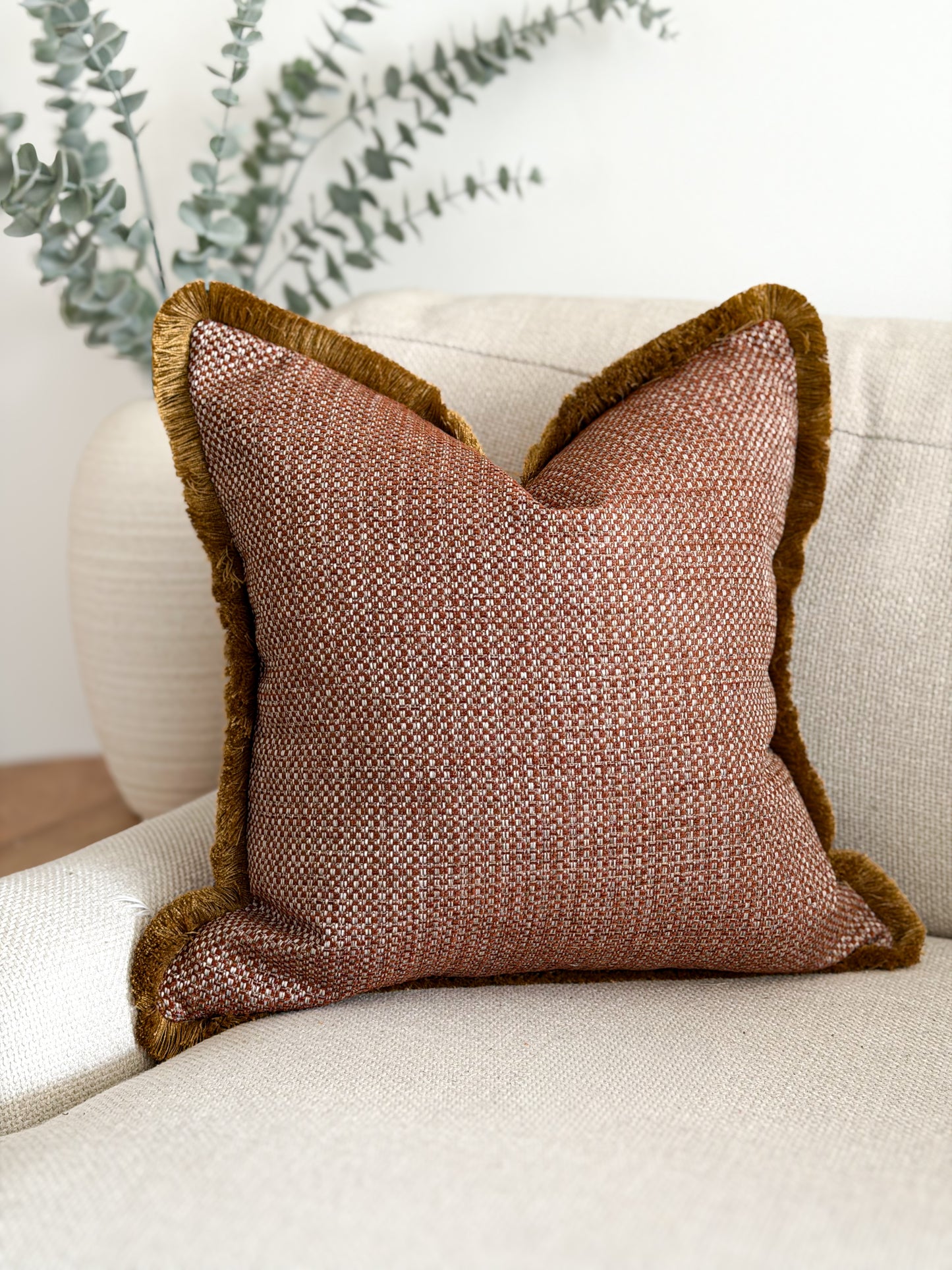 Warm Terracotta Cushion. - Fringed & Piped