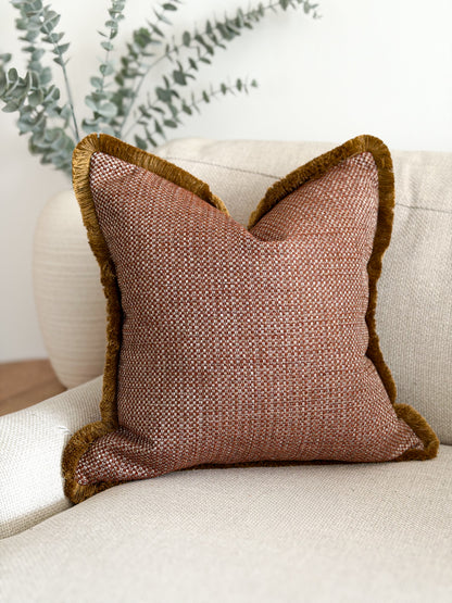 Warm Terracotta Cushion. - Fringed & Piped
