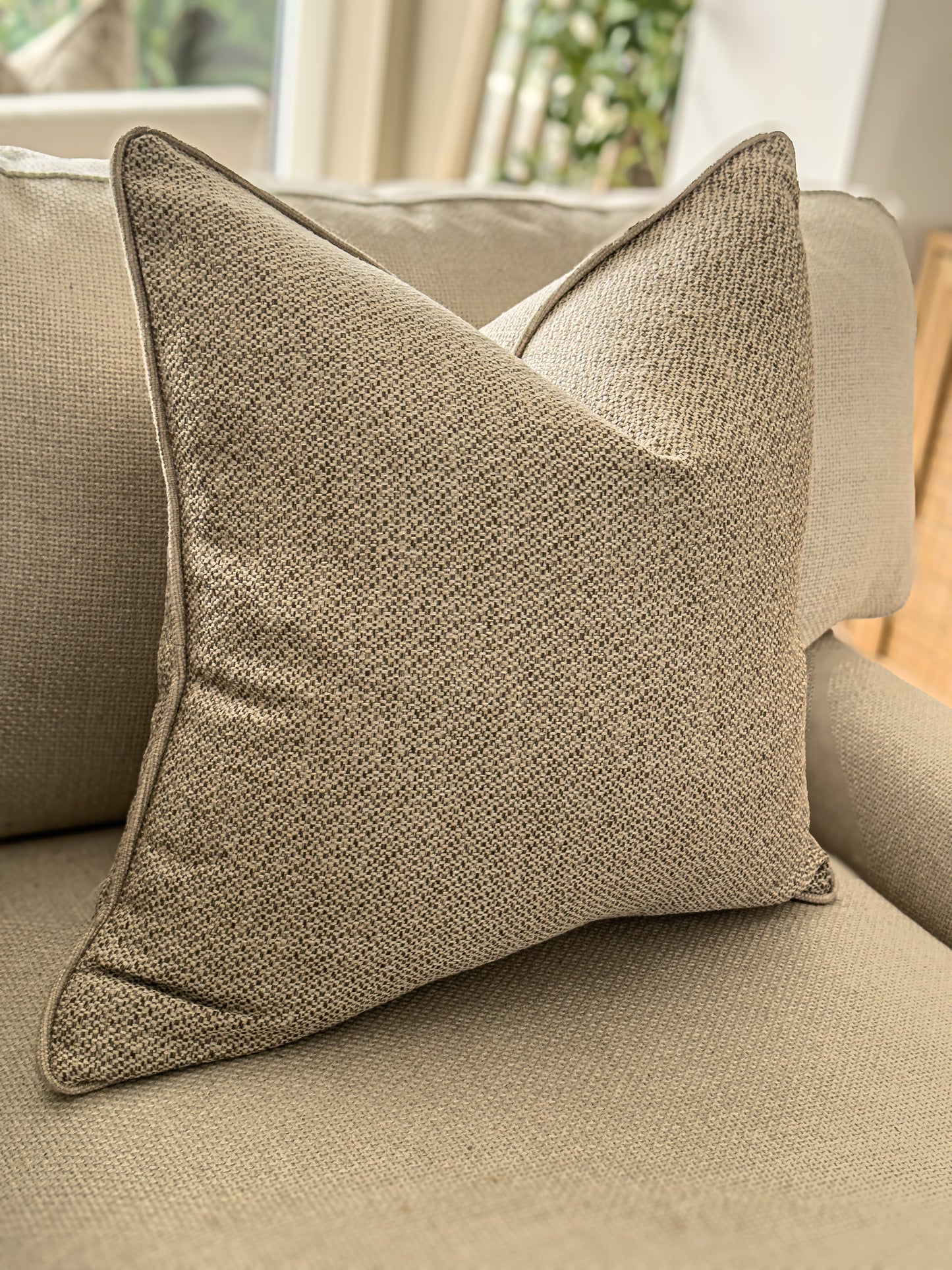 YORK | Textured Warm Beige Cushion: Fringed & Piped