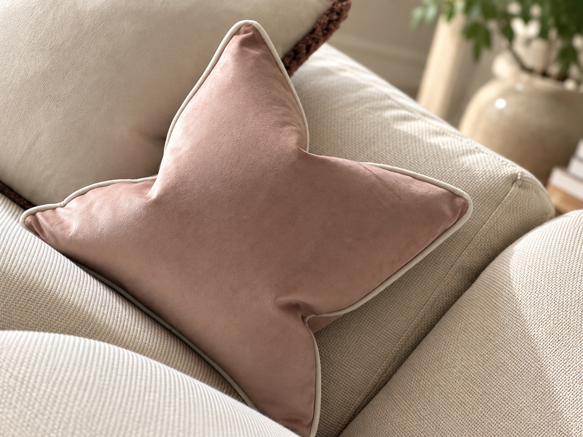 Dusty pink velvet pillow with cream piping trim