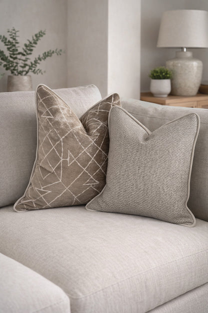 OAK | Taupe Geometric Cushion: Fringed & Piped