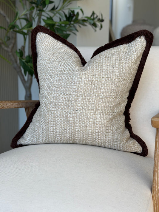 Cream textured cushion cover - Brown fringe