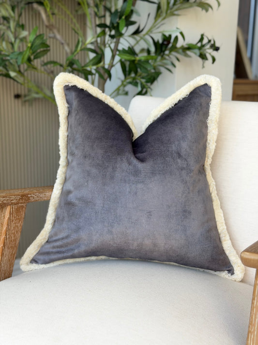 Grey velvet - cream fringe cushion cover