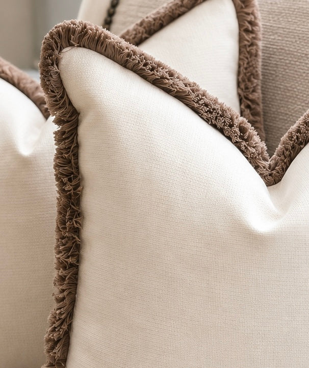 LIGHT CREAM | Linen Look Fringed Cushion