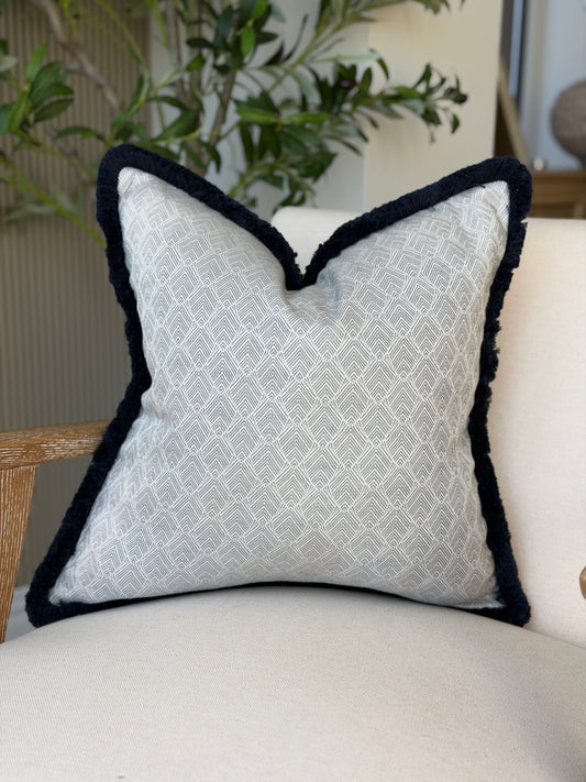 Patterned silver grey - Dark navy fringe Cushion Cover