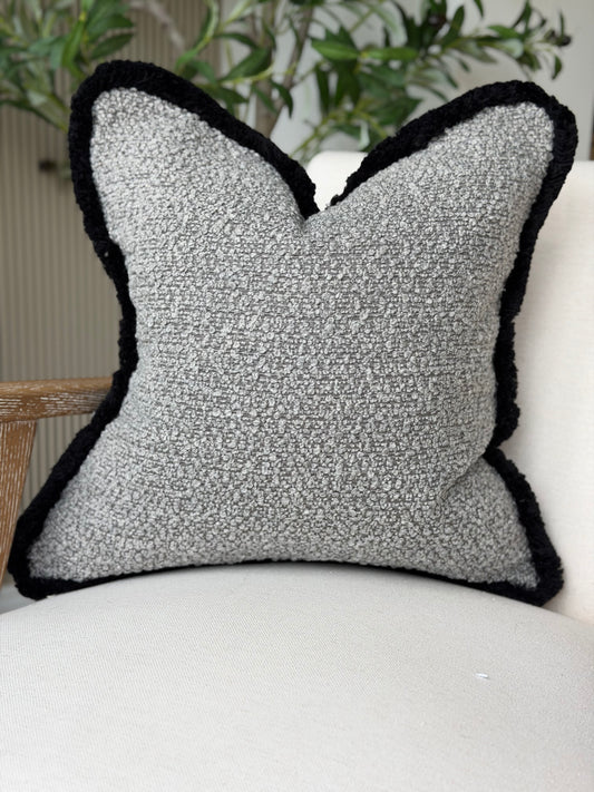 Grey textured boucle - black fringe Cushion Cover