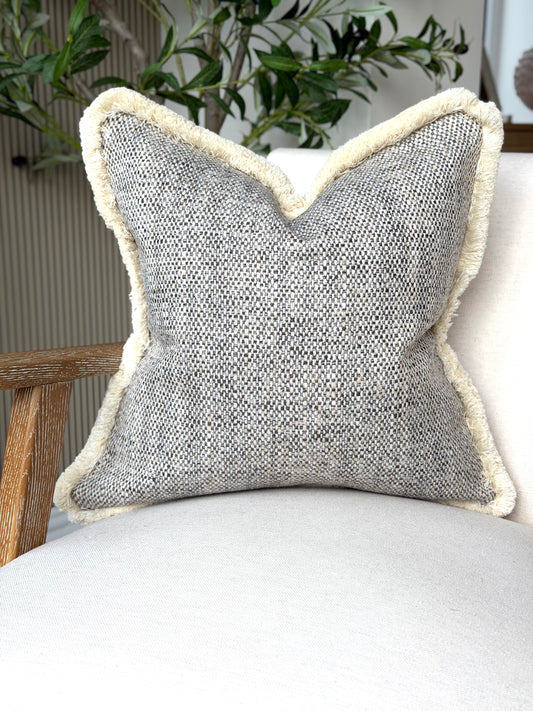 Grey textured - cream fringe Cushion Cover