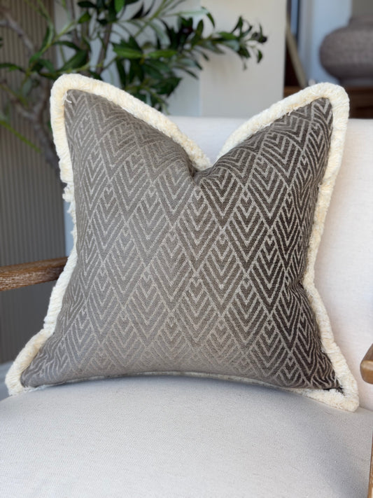 Taupe pattern - cream fringed cushion cover