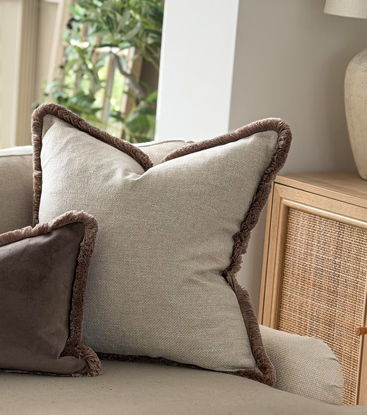 WARM GREIGE  | Warm Grey-Beige Textured Fringe Cushion