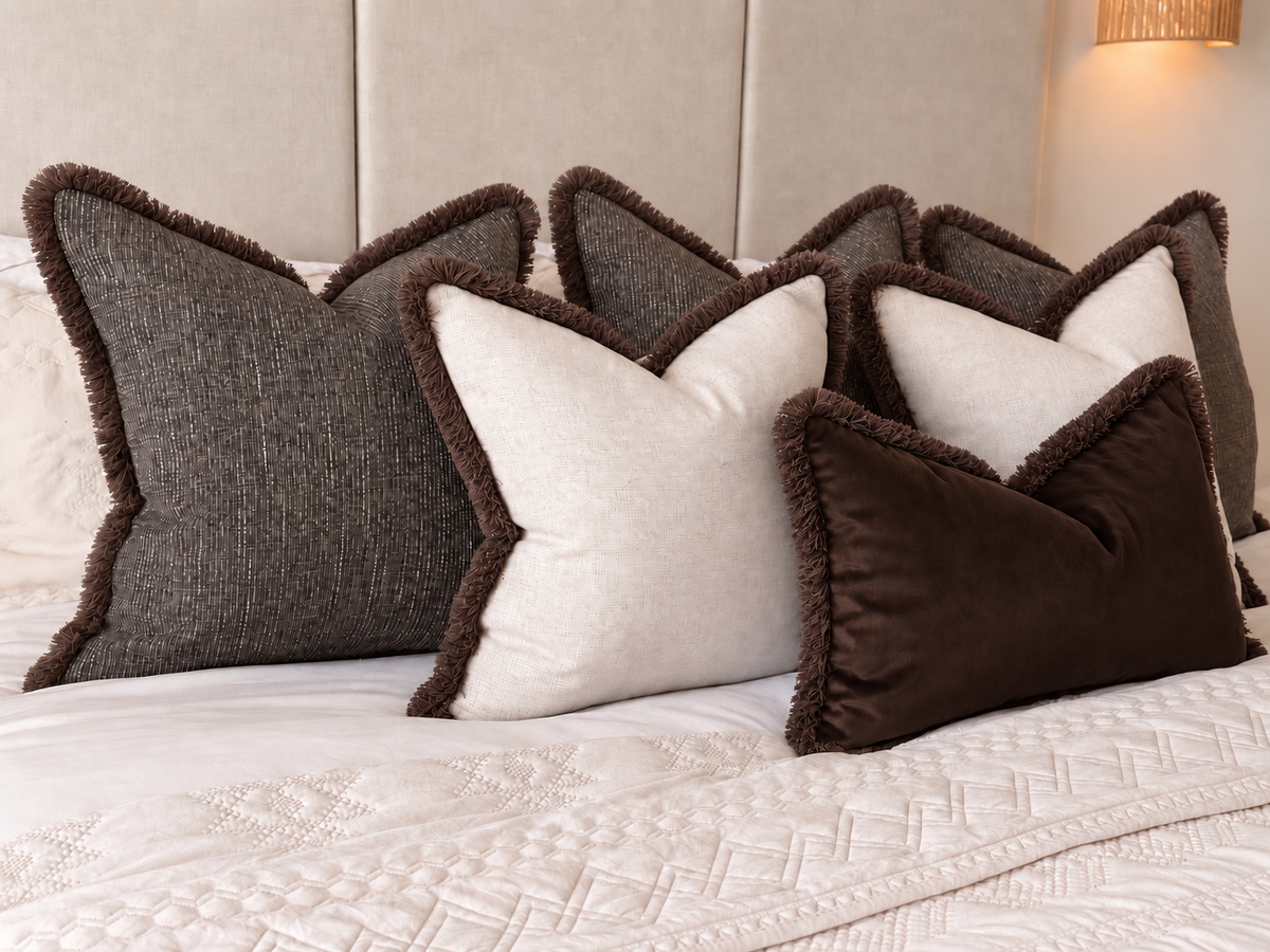 Luxury dark brown bed cushion set of 6 included 3 large dark brown textured cushion 2 medium natural cushions and a dark brown velvet lumbar pillow all with a dark brown fringe.