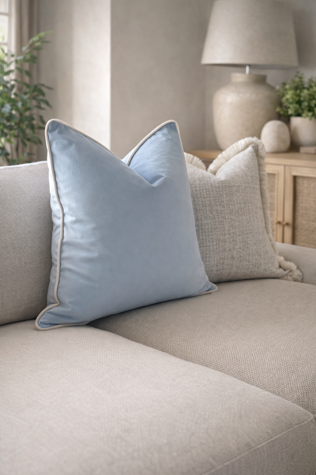 Light blue velvet pillows on a beige sofa in a living room setting.
