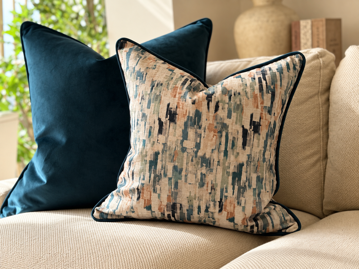 Two decorative cushions on a beige sofa: one solid dark teal velvet pillow and one patterned pillow with a cream base and abstract blue and peach and green brushstroke design, both with dark piped edges.