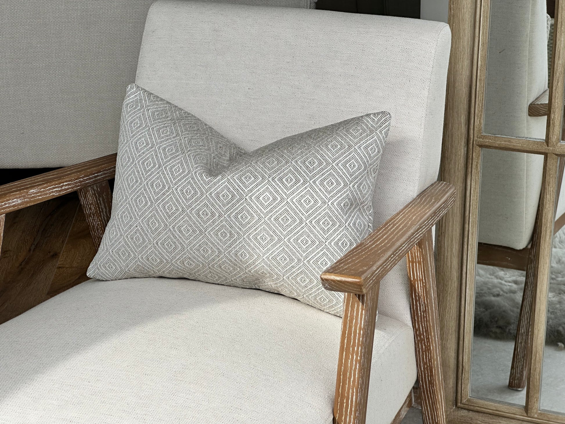 Luxury cream patterned rectangle cushion. Modern organic home style.