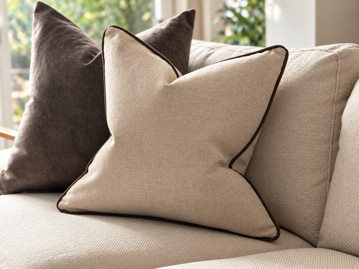 A natural stone cushion with dark brown piping is styled on a matching beige sofa, with two dark brown pillows in the background.