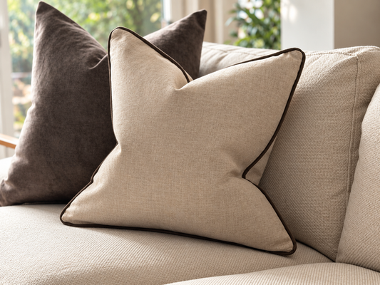 A natural stone cushion with dark brown piping is styled on a matching beige sofa, with two dark brown pillows in the background.
