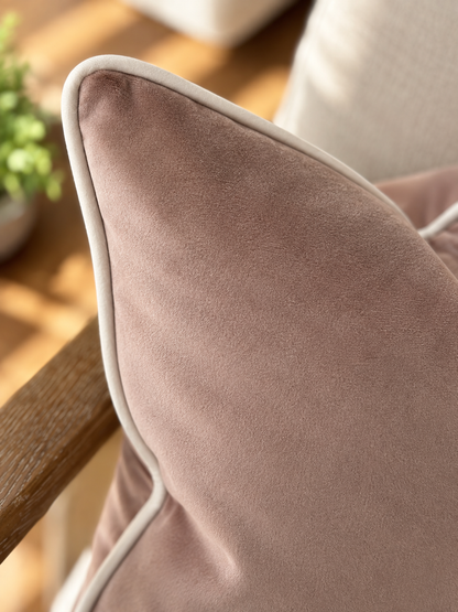Pink velvet scatter cushion with white edge