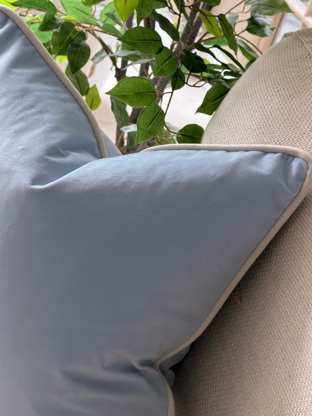 Sky blue cushion with white trim.