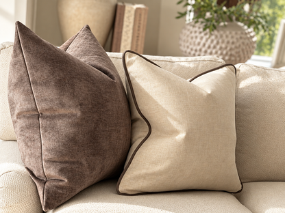A stone beige-cream toned cushion combination with a brown cushion.