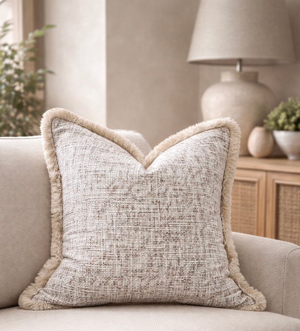 Textured ivory throw pillow with a fringe trim on a sofa with a lamp and decorative items in the background
