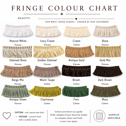 The image is a color chart that displays various fringe color options available for purchase. It features a collection of fringes in different shades, including natural white, ivory cream, cream, bone, visose, oatmeal, golden oatmeal, antique gold, gold mix, brown, beige, warm taupe, brown, dark brown, beige, antique green, chartreuse, fern, and moss. The chart provides a visual guide for customers to compare the color and finish of the fringes before making a purchase decision.