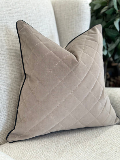 QUILTED TAUPE | Fringe or Piped Cushion