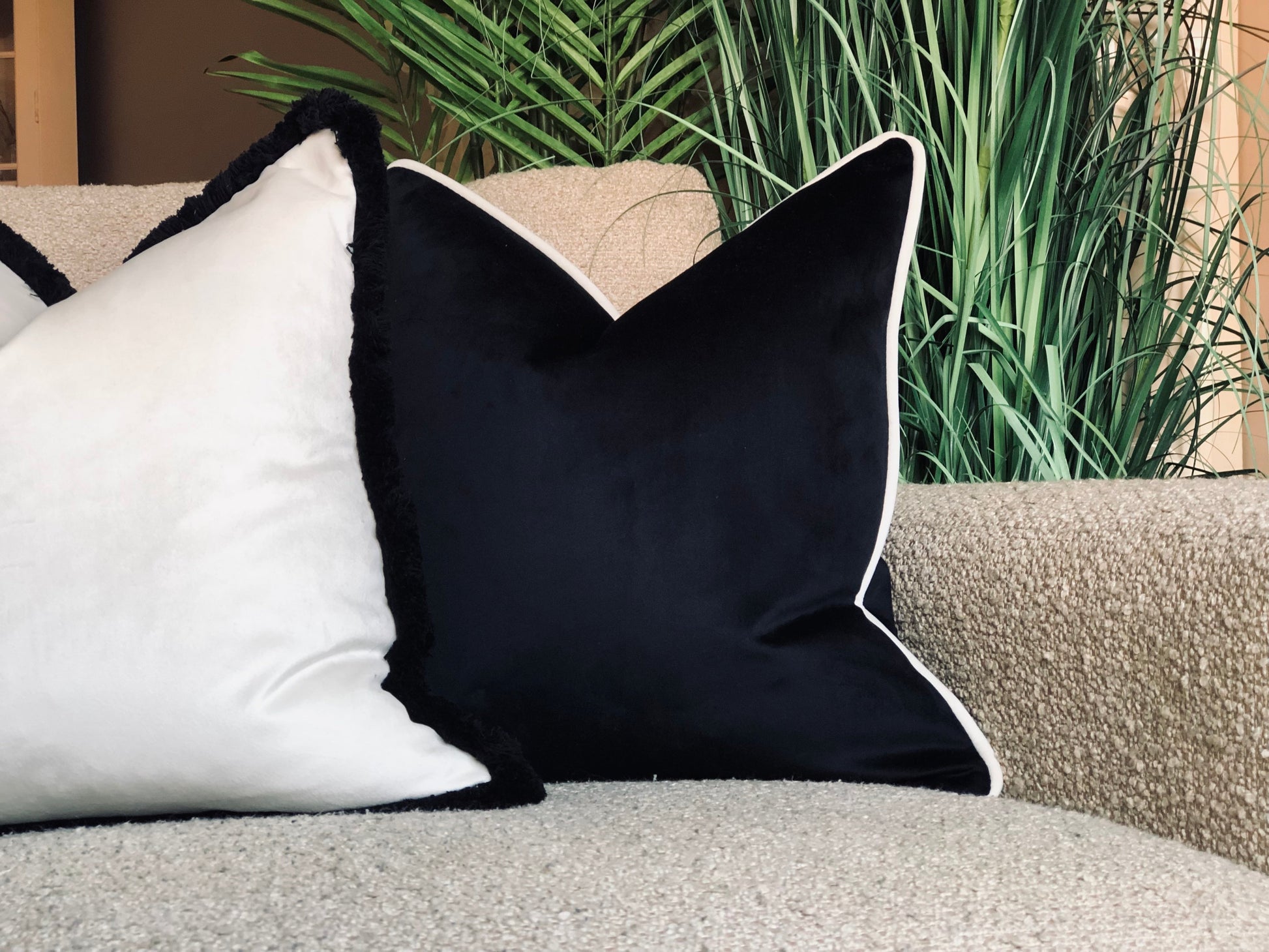 Black velvet cushion with white piping trim.