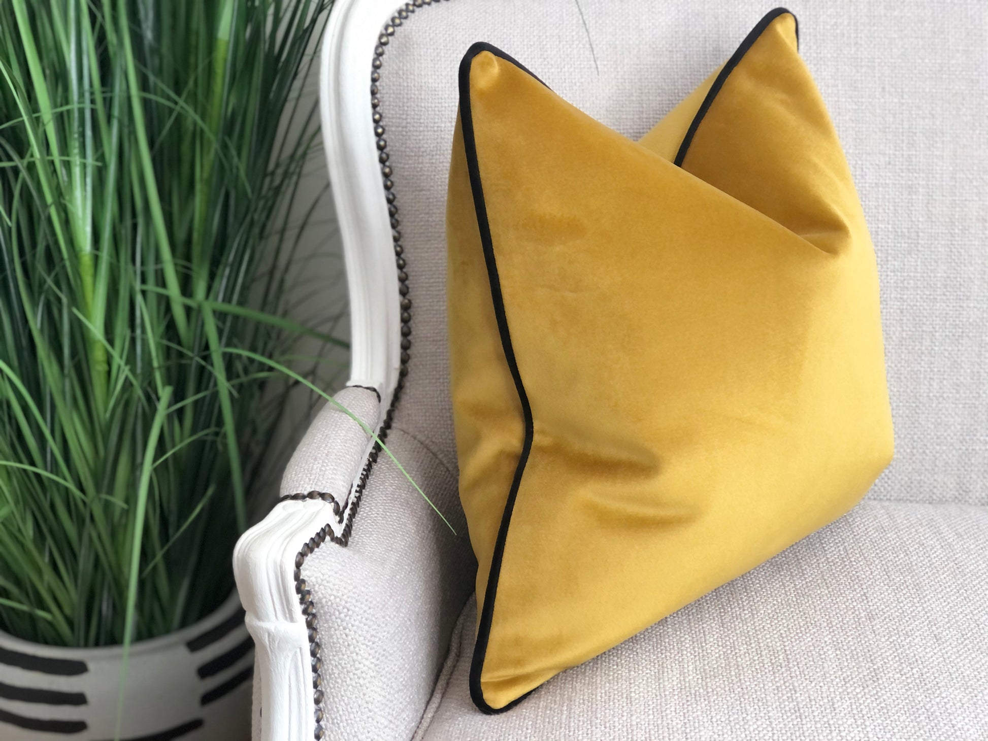 mustard gold cushion with black trim