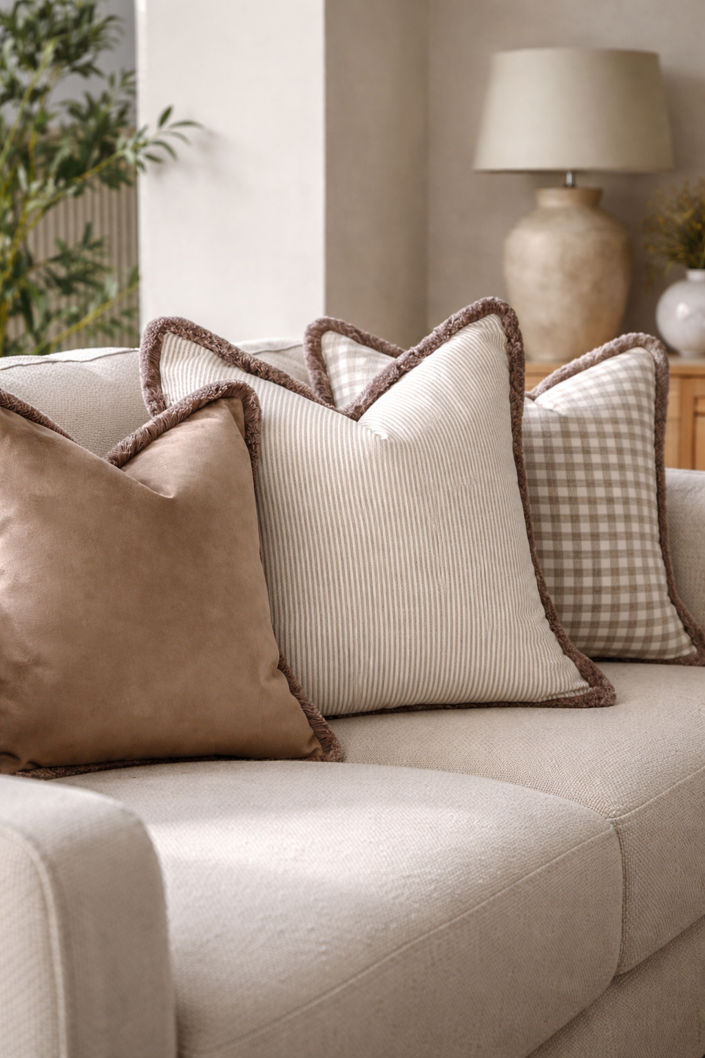 Natural ticking stripe cushion with beige fringe trim — a timeless neutral accent for modern organic interiors