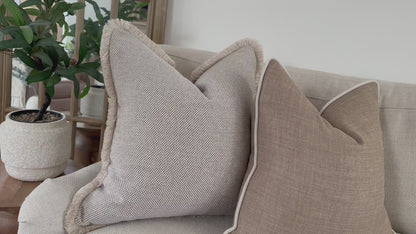 Textured cream beige fringed cushion | ATHENA