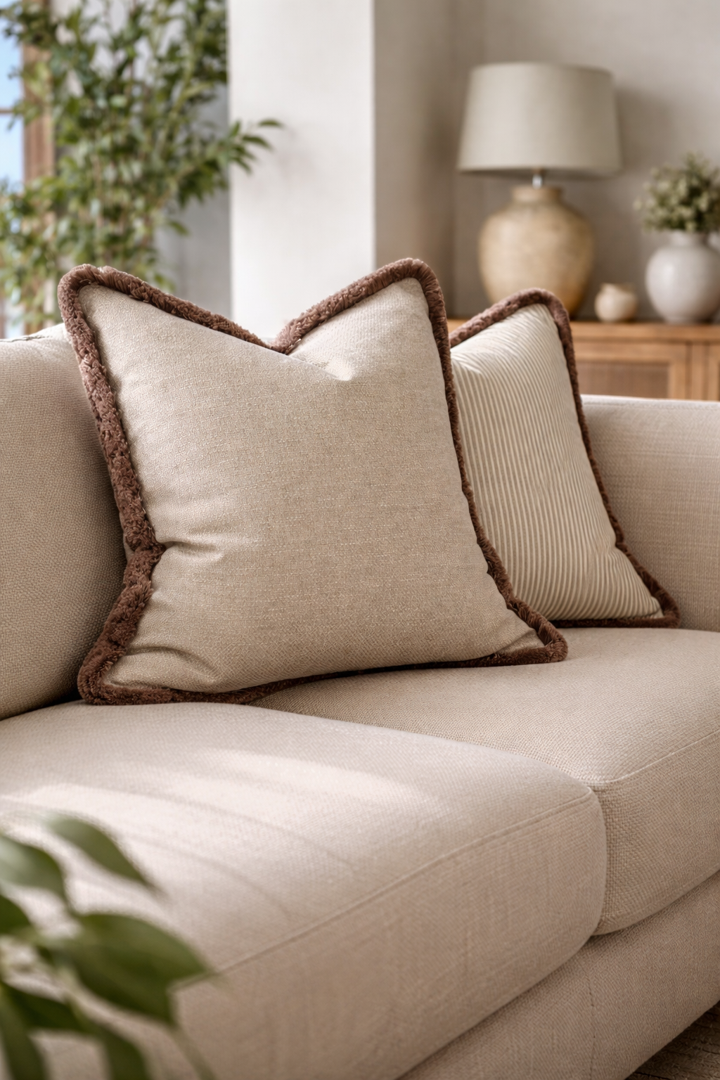 Warm greige textured cushion with taupe fringe trim on a neutral linen sofa — perfect for calm, modern organic interiors.