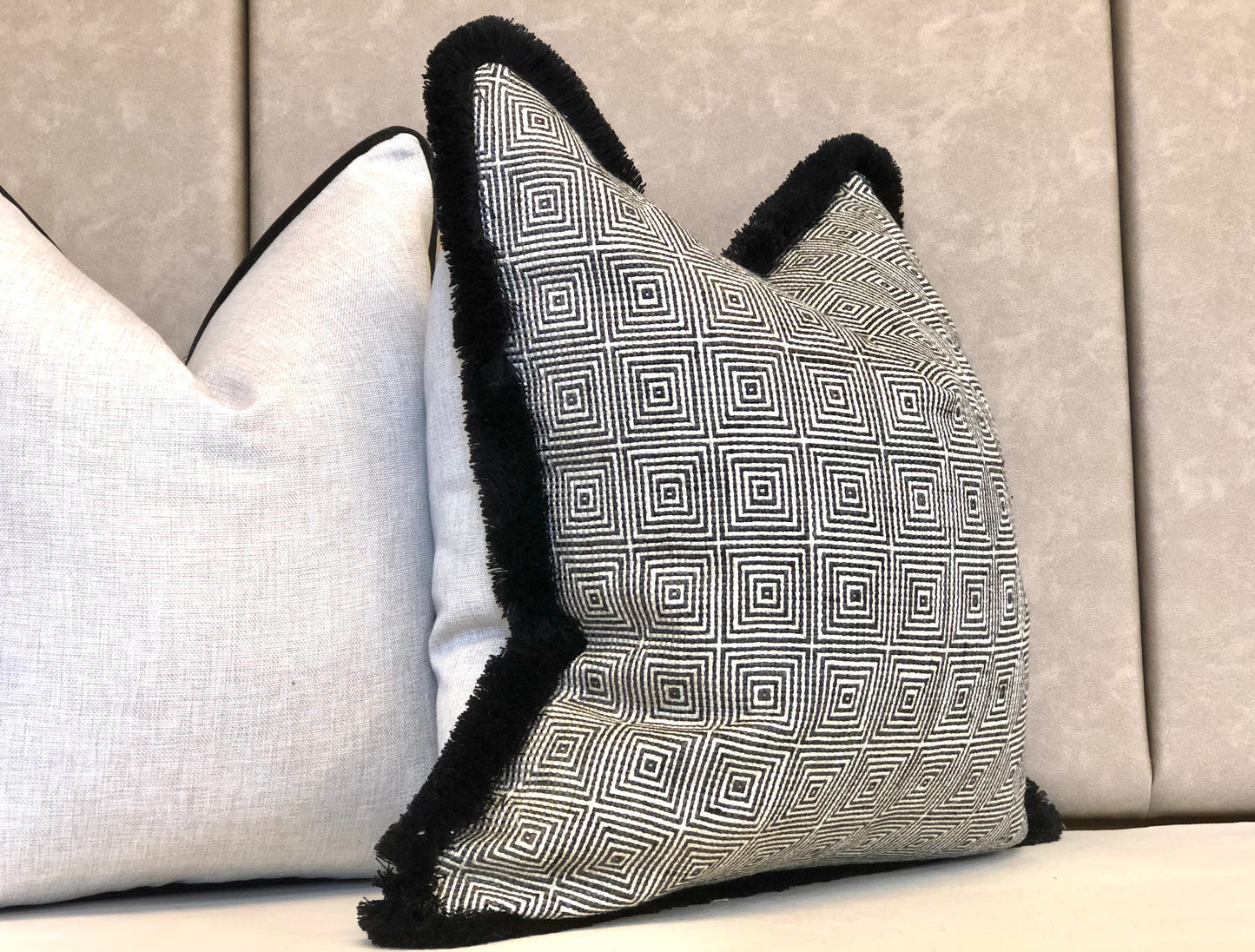 patterned cushion with fringe